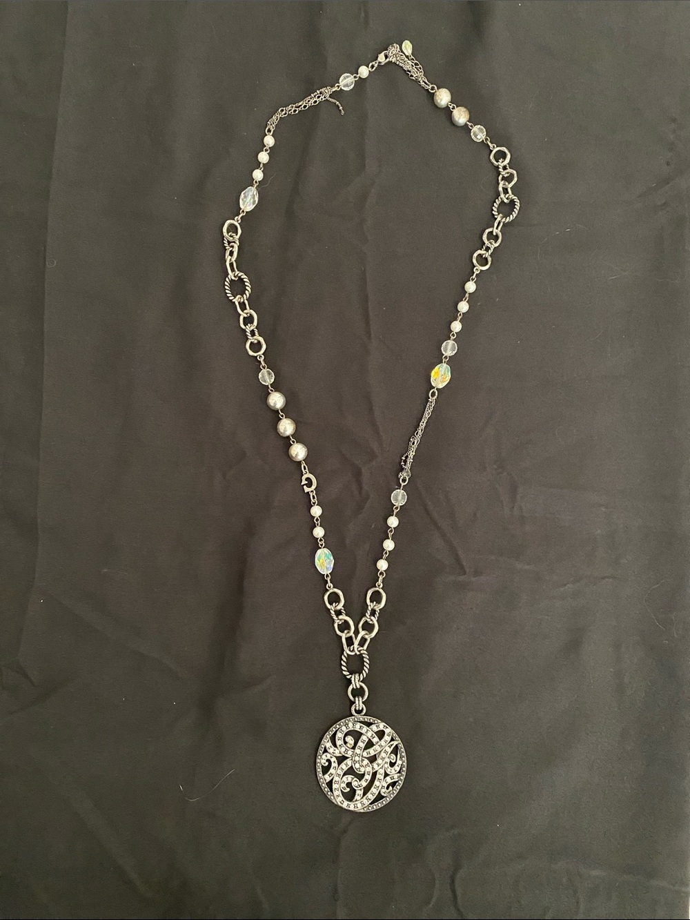 Guess Silver-Tone Filigree Pendant Necklace with Faux Pearls